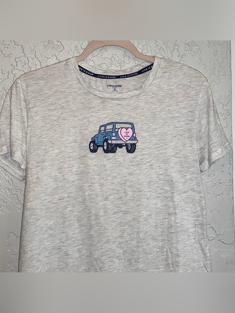 Life Is Good Light Heather Gray  Sleep Tee with Blue Jeep and Pink Heart - Picture 2 of 7